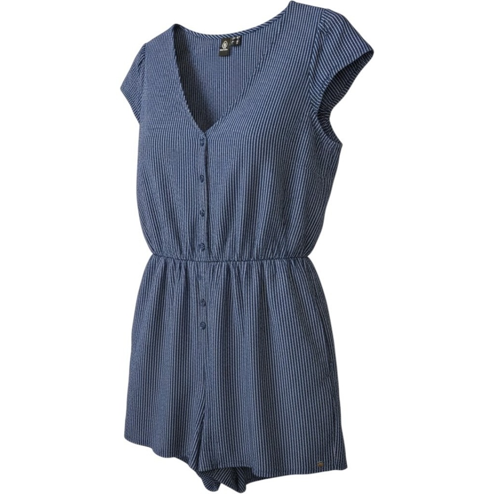Volcom Blue White Striped V-Neck Button Front Romper Women's L 10 Woven Pockets